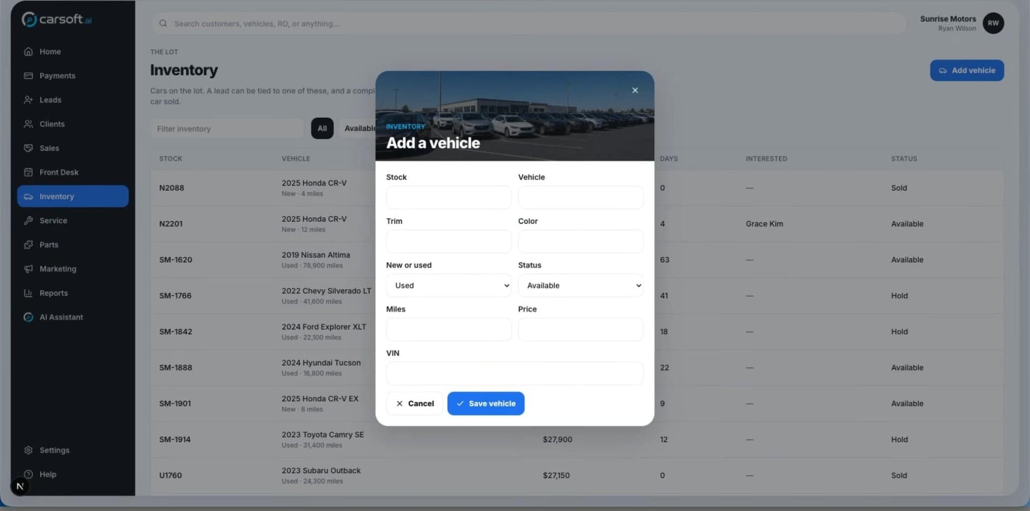 Carsoft inventory workflow interface
