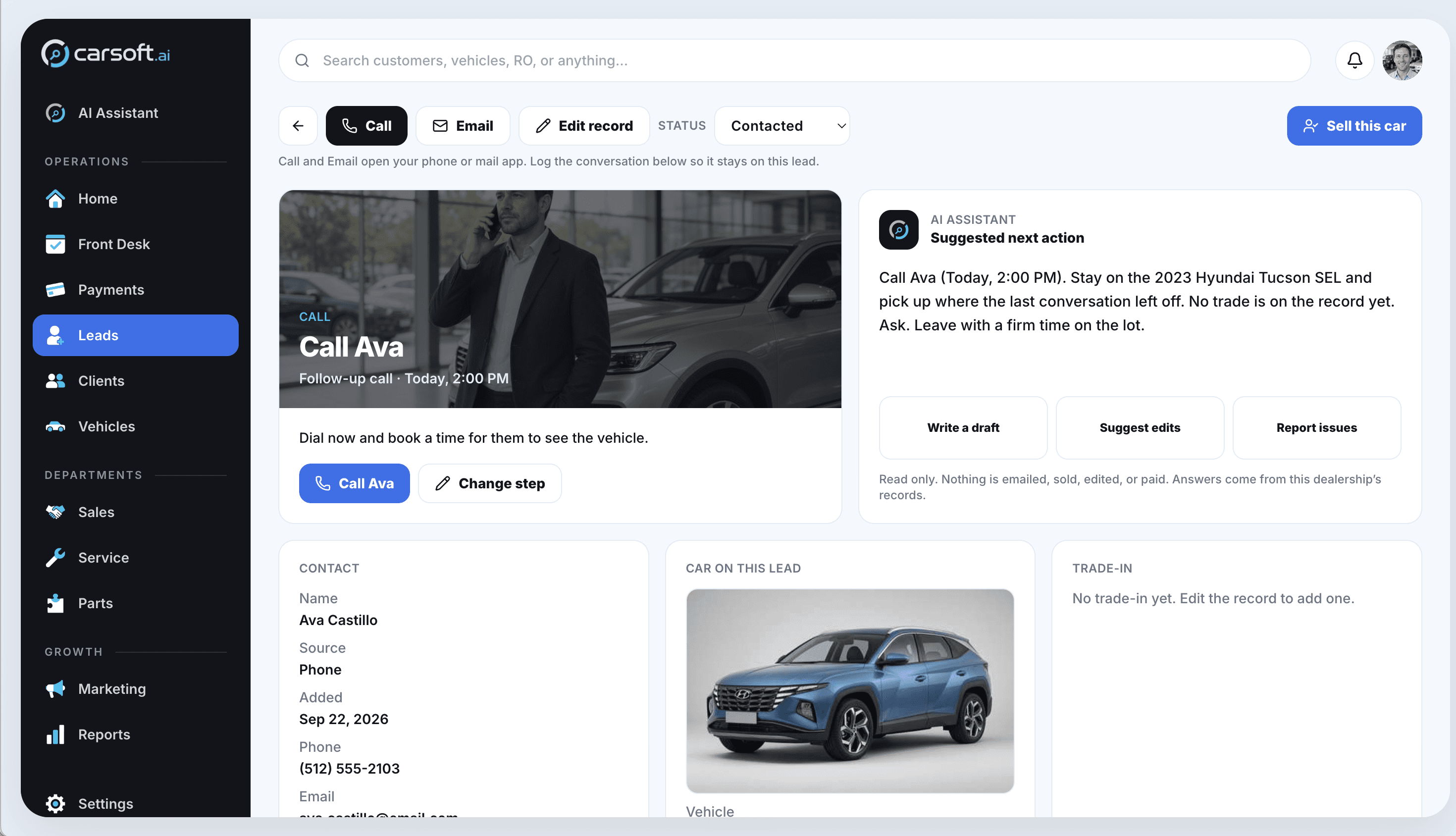 Carsoft desktop contacted lead record with AI suggested next action