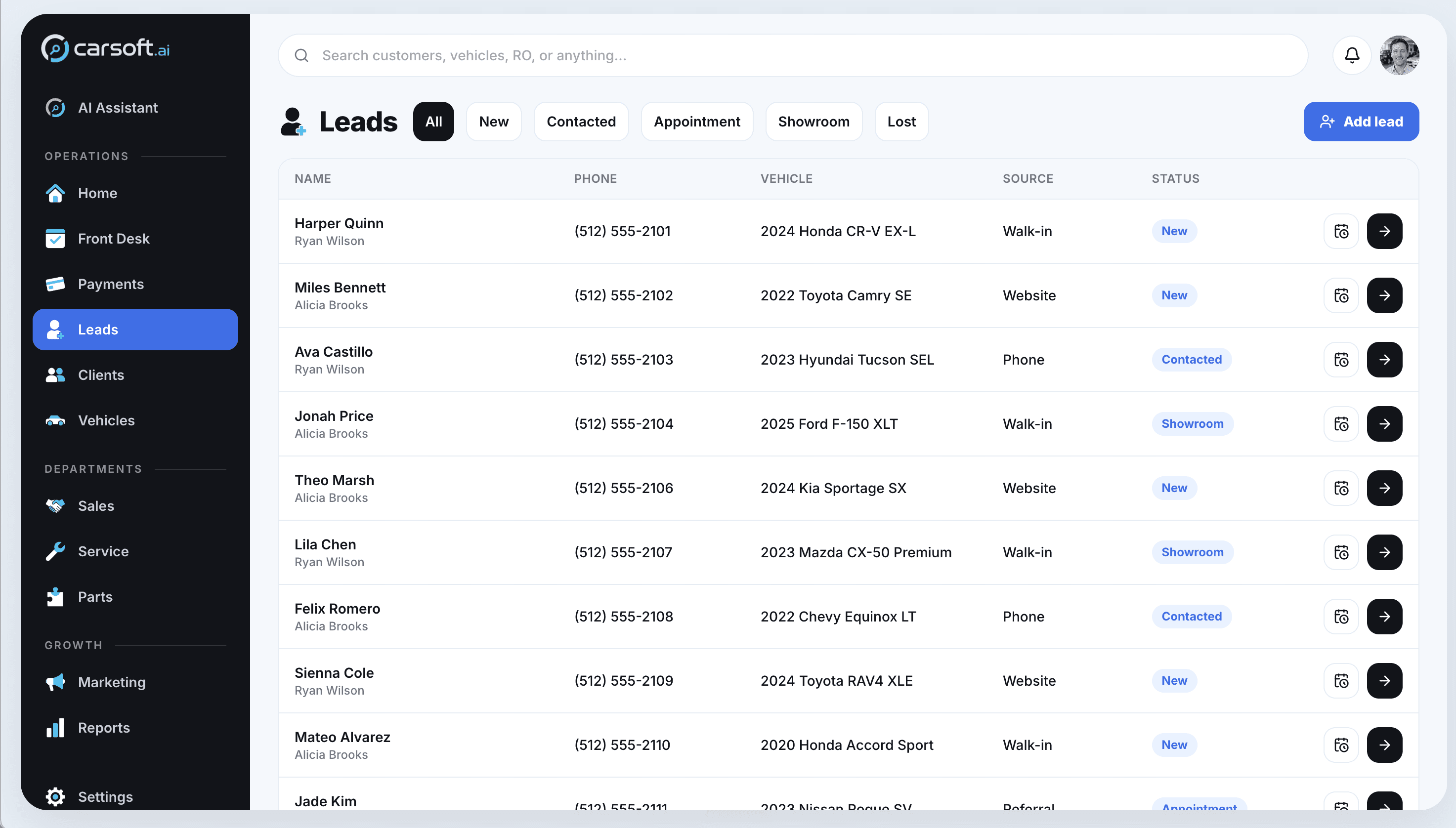 Carsoft desktop BDC lead list