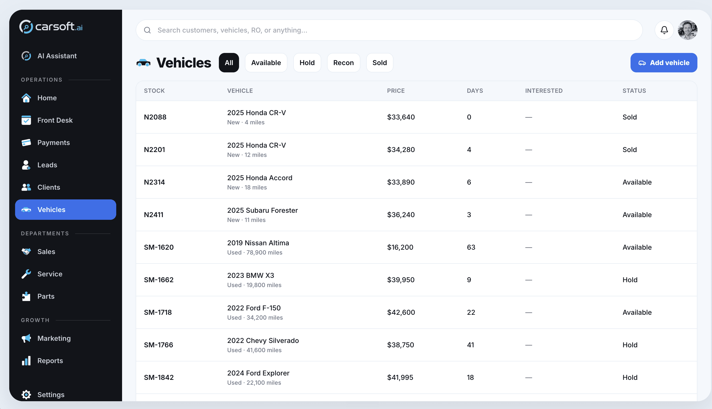 Carsoft desktop vehicle inventory workspace