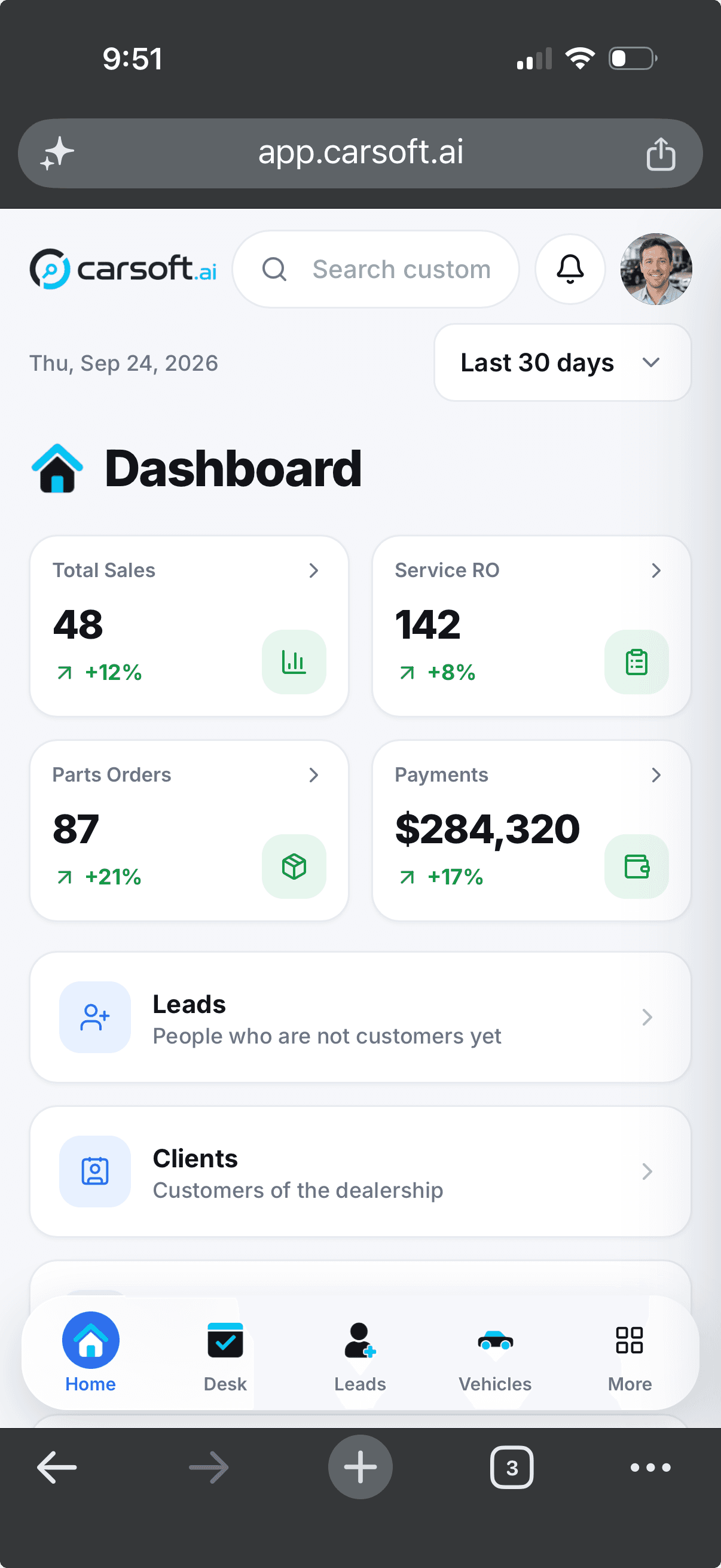 Carsoft mobile dealership operations dashboard