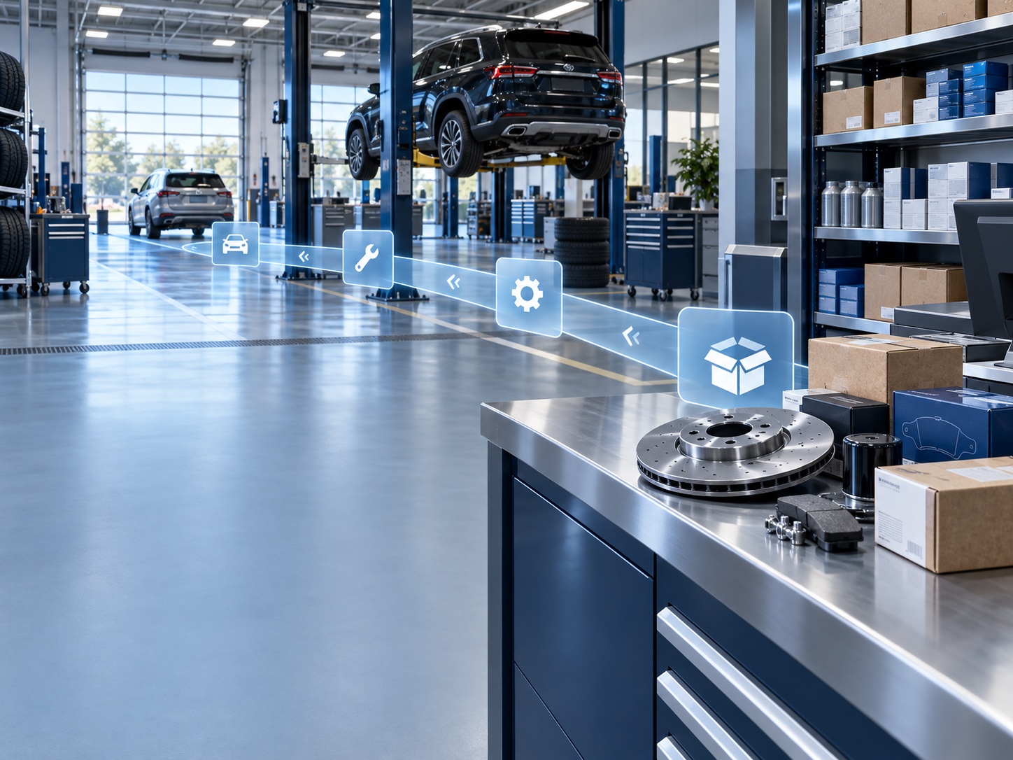 Organized dealership parts and service workspace