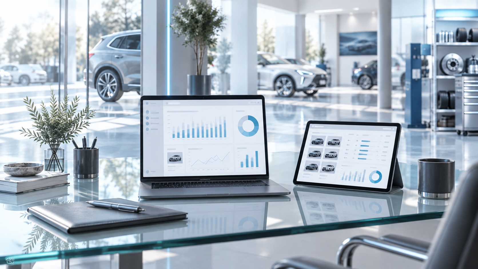 Laptop on a dealership showroom desk