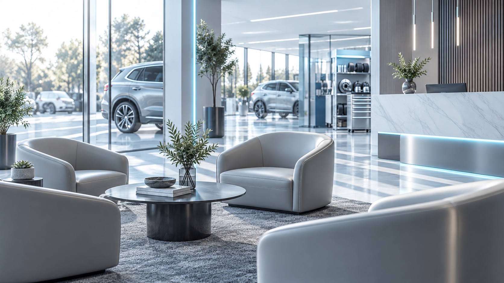 Bright dealership customer lounge overlooking the showroom
