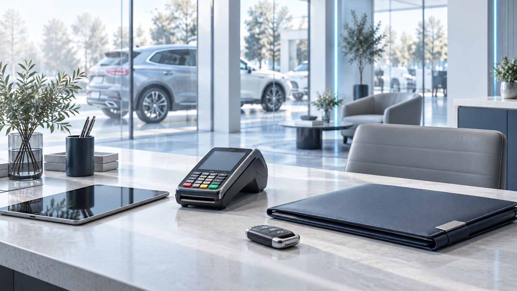 Payment terminal at a dealership counter