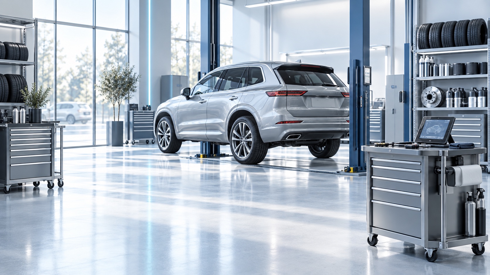 Modern dealership service bay with a vehicle and service equipment